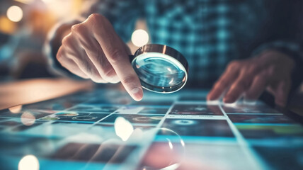 Close-up of a hand holding a magnifying glass over digital data on a futuristic interactive touchscreen table.
