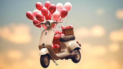 A vintage scooter decorated with heart-shaped balloons and roses, floating against a warm, soft-focus background. 