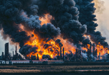 Major fire at an industrial oil refinery Powerful - obrazy, fototapety, plakaty