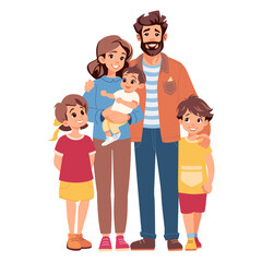 Happy family flat illustration. Mother with little baby, father, son and daughter together