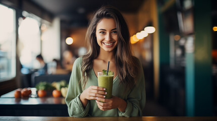 as a delightful girl with an infectious smile enjoys a refreshing green smoothie in a trendy cafe, embodying a sense of relaxation and rejuvenation in the midst of urban hustle and bustle - obrazy, fototapety, plakaty
