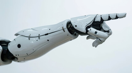 technology white auto Humanoid robot focus hand pointing background banner