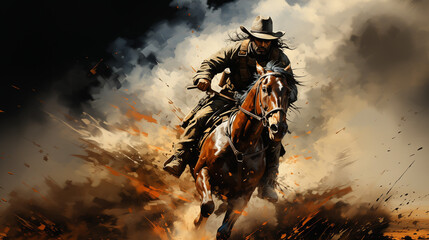 a cowboy in western wear riding a bucking horse