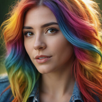 Rainbow Radiance: A Masterpiece of beautiful girl with Vibrant Hair Art