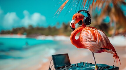 A DJ flamingo with headphone and dj box near sea shore a concept of summer party with a big space for text or product, Generative AI.