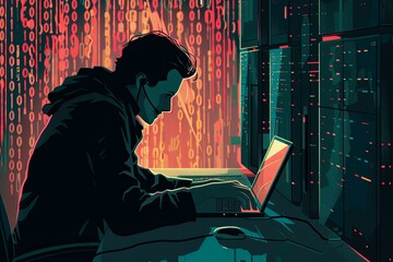 Hacker seen using laptop in dark room  - obrazy, fototapety, plakaty