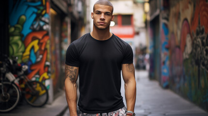 Fototapeta na wymiar A muscular male model in a sleek black cotton t-shirt navigating through a city street filled with graffiti-covered walls and colorful murals