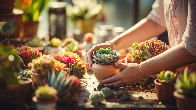 the serene moment as a pair of female hands delicately arrange colorful succulents into meticulously painted ceramic pots