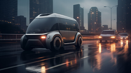  the futuristic self-driving vehicle racing through a rain-soaked cityscape, its headlights piercing the mist