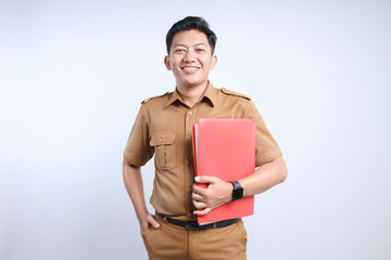 Male Asian civil servants or state civil servants in brown uniform holding document