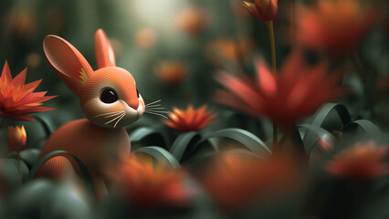Obraz na płótnie Canvas 3d illustration of a cute bunny, forest scene with flowers background generative ai