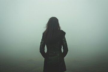 silhouette of a woman standing in misty feel 