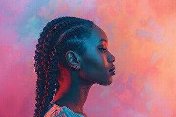side view of woman with braids against soft pastel colored background