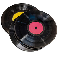 Stack of scratched retro LP vinyl records, each bearing the marks of a well-loved and well-played history. Transparent png, add your own background.