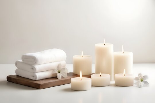 Spa background with copy space for text. On a off white background there are white towels, aroma candles and kami for a relaxing massage and white archaea.