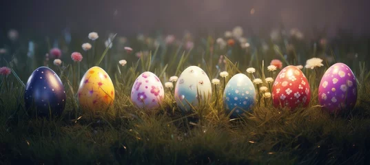 Foto op Aluminium Easter landscape, bunnies with colorful eggs and daisy flower on meadow under beautiful sky. © Goojournoon