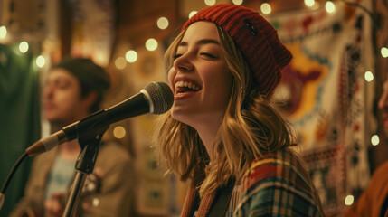 A young female singer smiling widely as she sings into a vintage microphone her bandmates nodding along to the beat. The stage is decorated with fairy lights and tapestries - obrazy, fototapety, plakaty