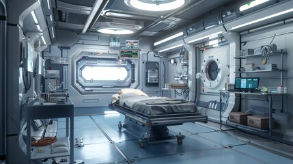 Create concept art for a sci-fi game on a spaceship. Create medical room concepts. The room is square