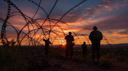 Nestled within the rolling hills and scrubland along the Texas-Mexico border, a group of vigilant military and border guards clad in tactical gear maintains a watchful presence