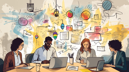 Business team gathered in a cozy office corner, huddled around a laptop on a cluttered desk, surrounded by stacks of papers and sticky notes filled with ideas, a whiteboard filled with scribbles - Powered by Adobe
