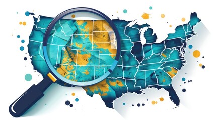 map of the usa with stylish search glass over top of it using the colors bright blue and black on a solid white background with hints of yellow