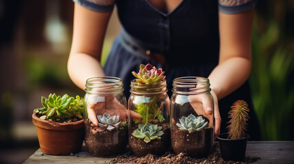 Immerse yourself in the tranquil setting as female hands, adorned with garden soil, tenderly nurture a variety of succulents nestled in rustic, repurposed mason jars - obrazy, fototapety, plakaty