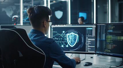 Fototapeta premium Privacy and cybersecurity principles to safeguard data. Internet network security technologies and the lock icon.