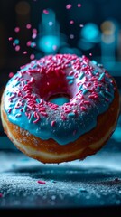 Levitating Donut with Pink Frosting and Blue Sprinkles: A Magical Treat Floating in a Dreamy Atmosphere