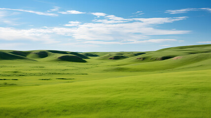 Fototapeta premium Rolling hills of vibrant green grass with a backdrop of a dramatic cloudy sky, depict a serene rural landscape. 