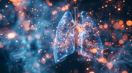 Futuristic visualization of smoke particles attacking lung cells with a digital shield activating to protect them. Generative AI illustration  - obrazy, fototapety, plakaty