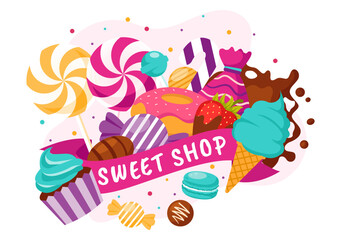 Sweet Shop Vector Illustration with Selling Various Bakery Products, Cupcake, Cake, Pastry or Candy in Flat Cartoon Background Design