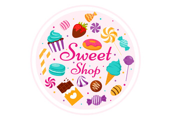 Sweet Shop Vector Illustration with Selling Various Bakery Products, Cupcake, Cake, Pastry or Candy in Flat Cartoon Background Design