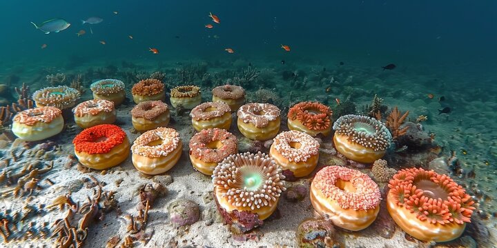 Surreal ocean floor with a collection of decorated donuts mimicking sea sponges and coral, blending reality with imaginative dessert themes
