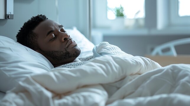 A sad sick African man lying in hospital bed with a big space for text or product and blurry hospital backdrop, Generative AI.