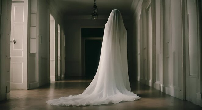 A long-haired female ghost in a white veil floats through an eerie, dimly lit corridor, her movements slow and haunting.