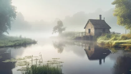 Fotobehang 夜明けの霧の湖畔,Generative AI,AI画像 © bigfoot