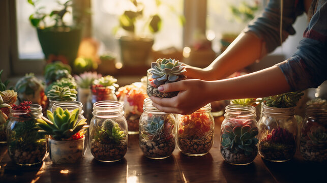Female hands delicately planting vibrant succulents in upcycled glass jars adorned with hand-painted patterns and decorated with ribbons and twine