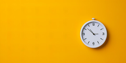 White wall clock on the yellow wall. Minimalist