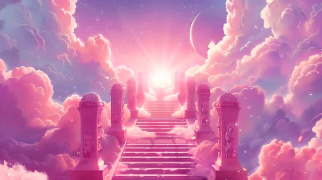 Majestic celestial staircase that lead to the heaven. Fantasy landscape anime or cartoon style, looping 4k video animation background