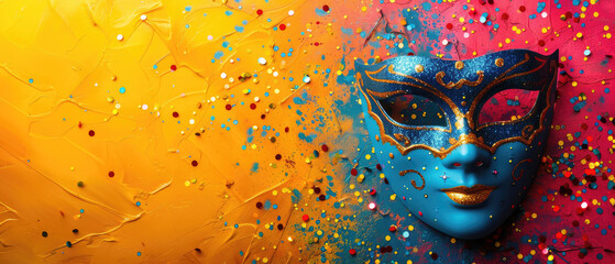 carnival mask for the holidays in brazil and latin america. vibrant carnival mask against a colorful confetti-strewn backdrop background banner copy space area