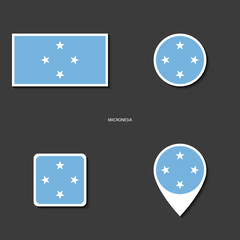 Micronesia flag icon set in different shape ( rectangle, circle, square and marker icon) on dark grey background.