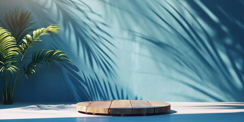 Wooden podium with tropical leaves and shadows