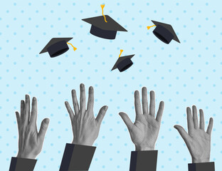 Halftone collage hands of students throwing caps in the air. Graduation, Education and Back to school concept. Contemporary banner and poster