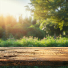 Wooden table in front of blurred nature background