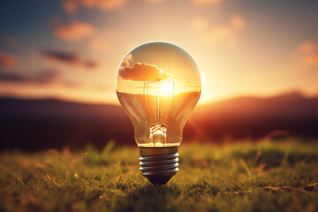 Vintage looking lightbulbs that are powered by photovoltaics, on a sunset background. save energy concept. Solar energy concept Or natural energy. Generative AI