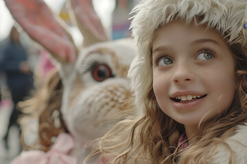 Girl in Awe with Festive Easter Bunny