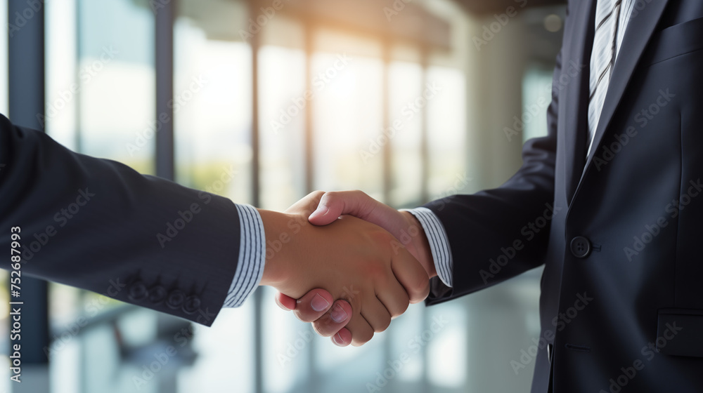 Wall mural the confines of a modern boardroom, two corporate businessmen engage in a firm handshake, their face