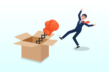 Businessman open present box with surprise boxing glove punching knock out, being fired from job, unemployment and jobless, business failure or stock market bad news surprise investor (Vector)