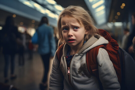Frightened crying sad child girl lost in a public place, airport, train station, city street. Upset panic searching for parents in hysterics