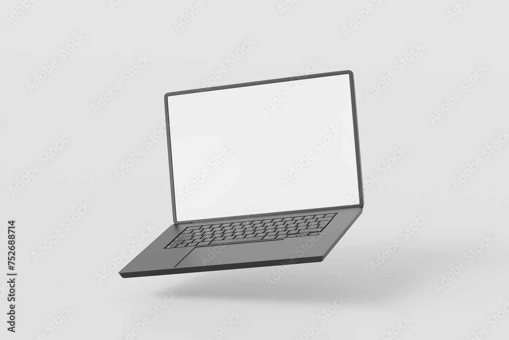 Poster 3d realistic laptop computer notebook device with blank white screen display on isolated white backg